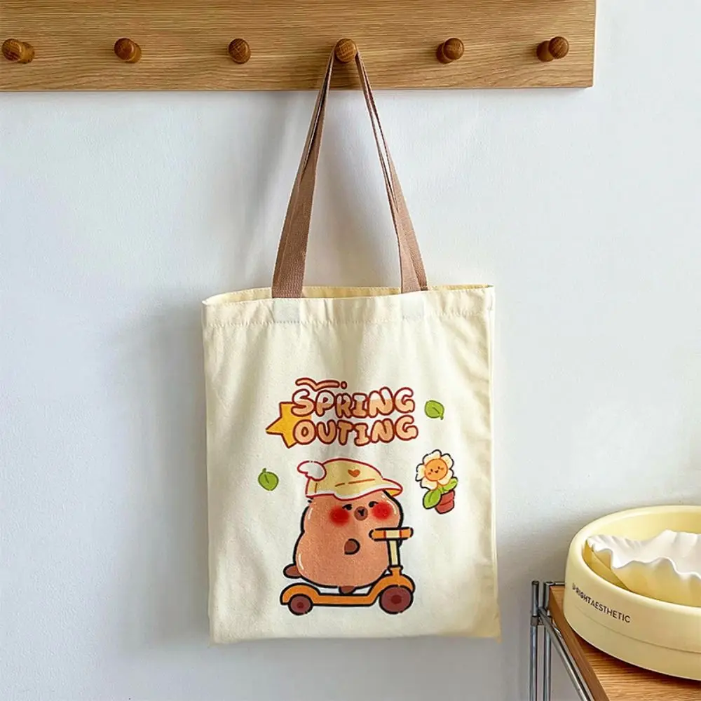 Bolso de mano con estampado Kawaii de capibara de dibujos animados, bolso de lona reutilizable de gran capacidad, bolso grande de hombro duradero resistente al desgaste para tableta