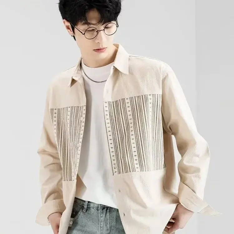 

Striped Color-Block Long Sleeve Shirt Men Spring Autumn Fashion Loose Fit Casual
