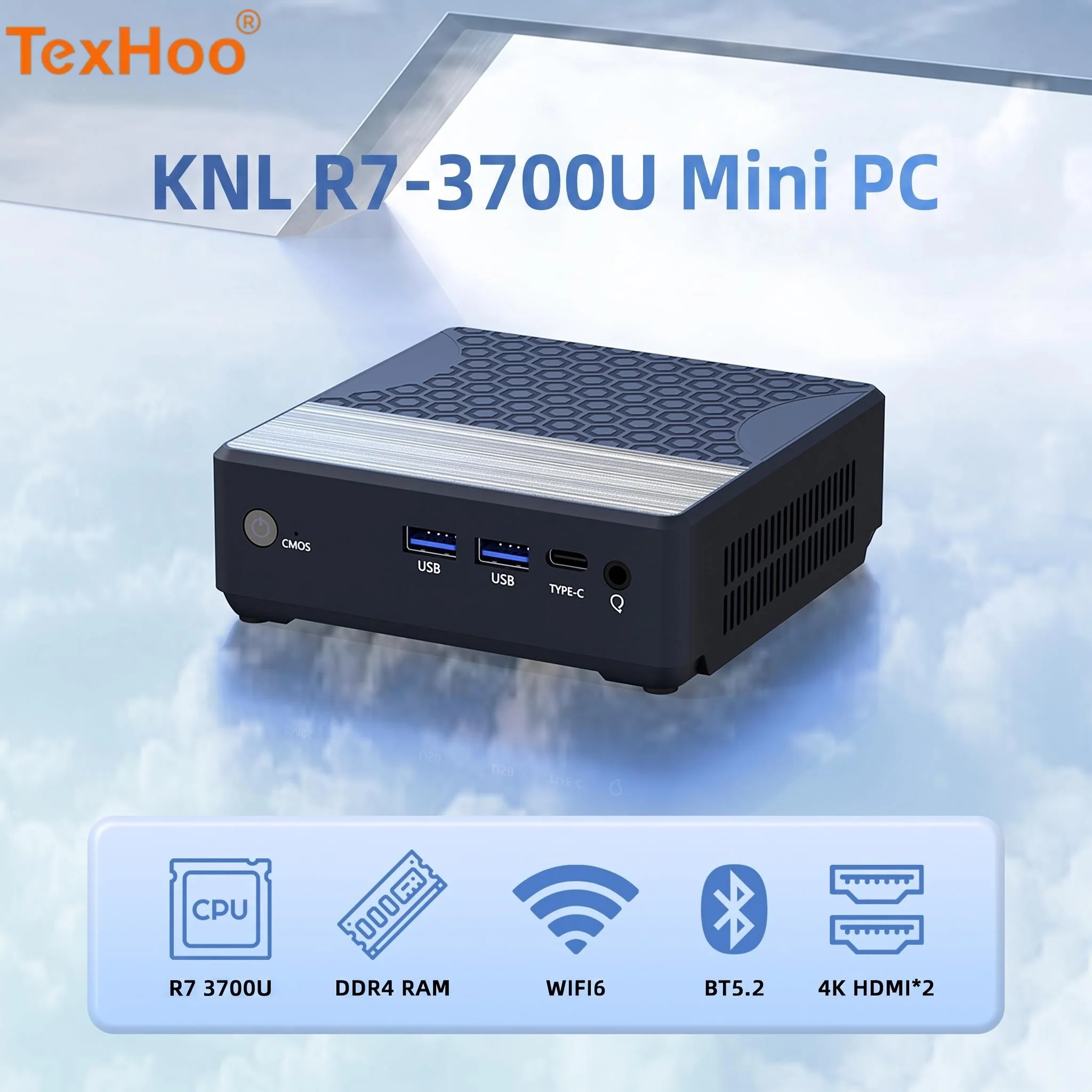 TexHoo Mini PC AMD Ryzen 7 3700U Windows 11 BT5.2 WiFi6 4K HDMI*2 DDR4 8GB M.2 2280 SSD 256GB Desktop Computer Plug and Play