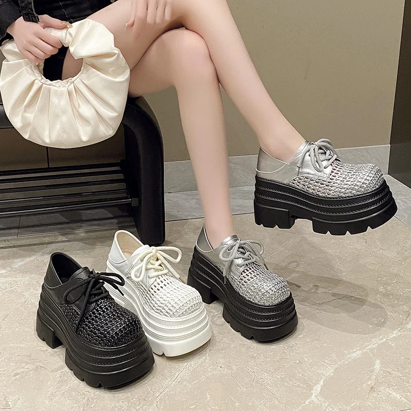 

10cm High Shoes for Women Mesh Hollow Platform Sneakers Casual Thick Sole Woman Walking Shoes Luxury Designer Sneakers for Women