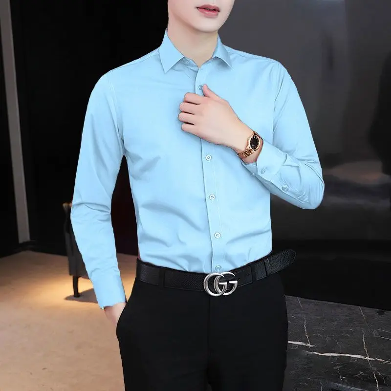 Fashion Lapel Button All-match Solid Color Business Shirts Men's Clothing 2024 Spring New Loose Casual Tops Korean Shirts