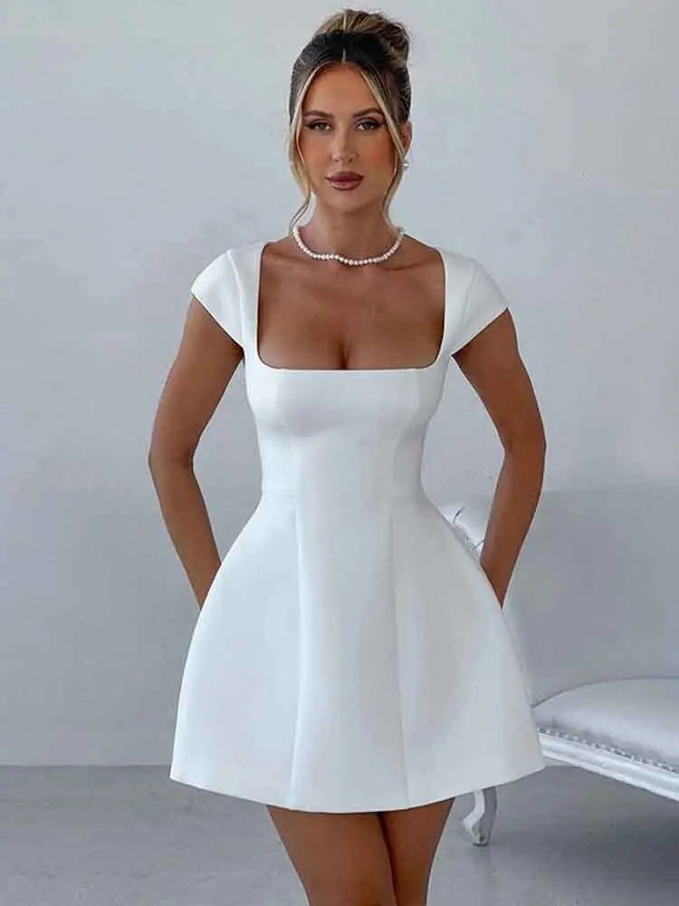 NIDANSSI White A-LINE Square Collar Evening Party Dress Women 2024 Robes Elegant Sexy Dress Bodycon Mini Summer Dress Vestidos