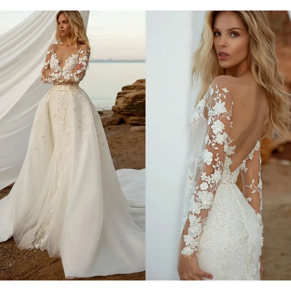 KSDN-vestido de casamento destacável para mulheres, manga comprida, vestido sexy sem encosto, apliques com decote em v, elegante vestido chique para ocasiões formais