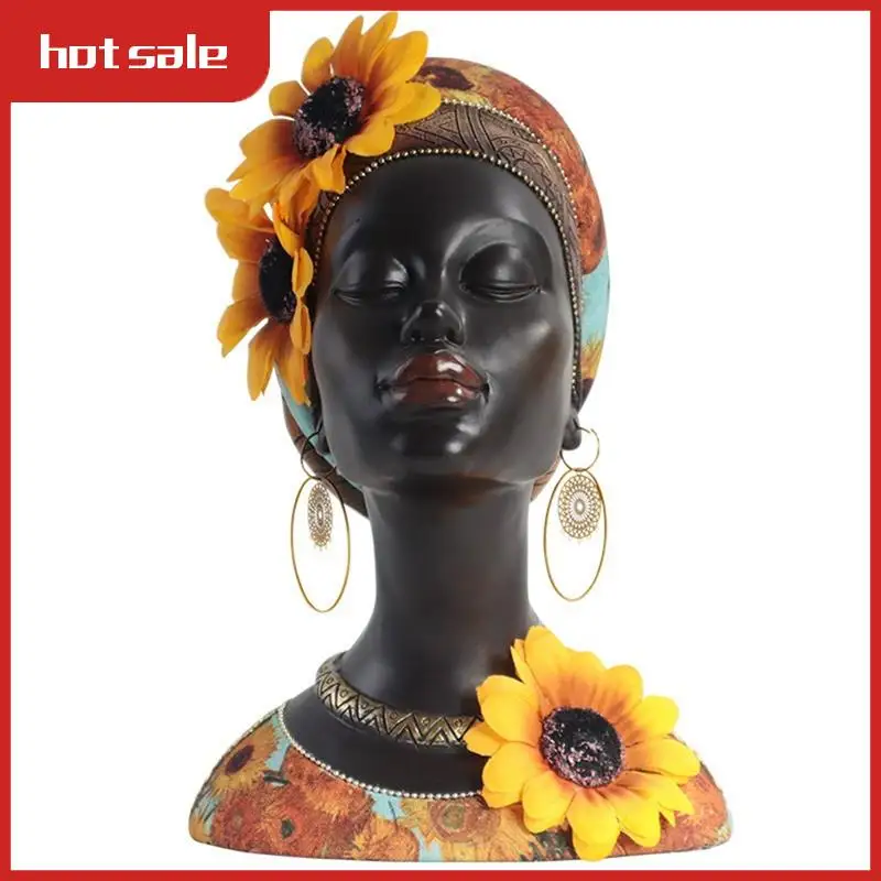 African Art Bust Statue, Home Decor African Sunflower Girl Figurines, Home Decor Resin Black African Bust Sculpture Durable