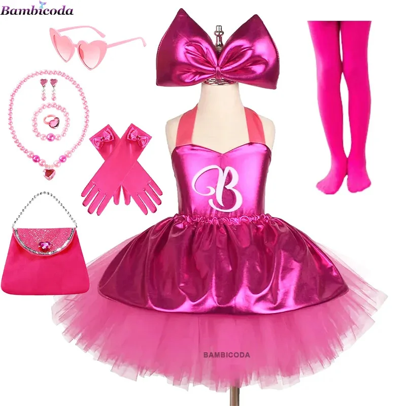 

Princess Girls Rosy Knee Length Barbi Tutu Dresses for Girl Birthday Party Halloween Christmas Costumes Margot Robbie Cosplay