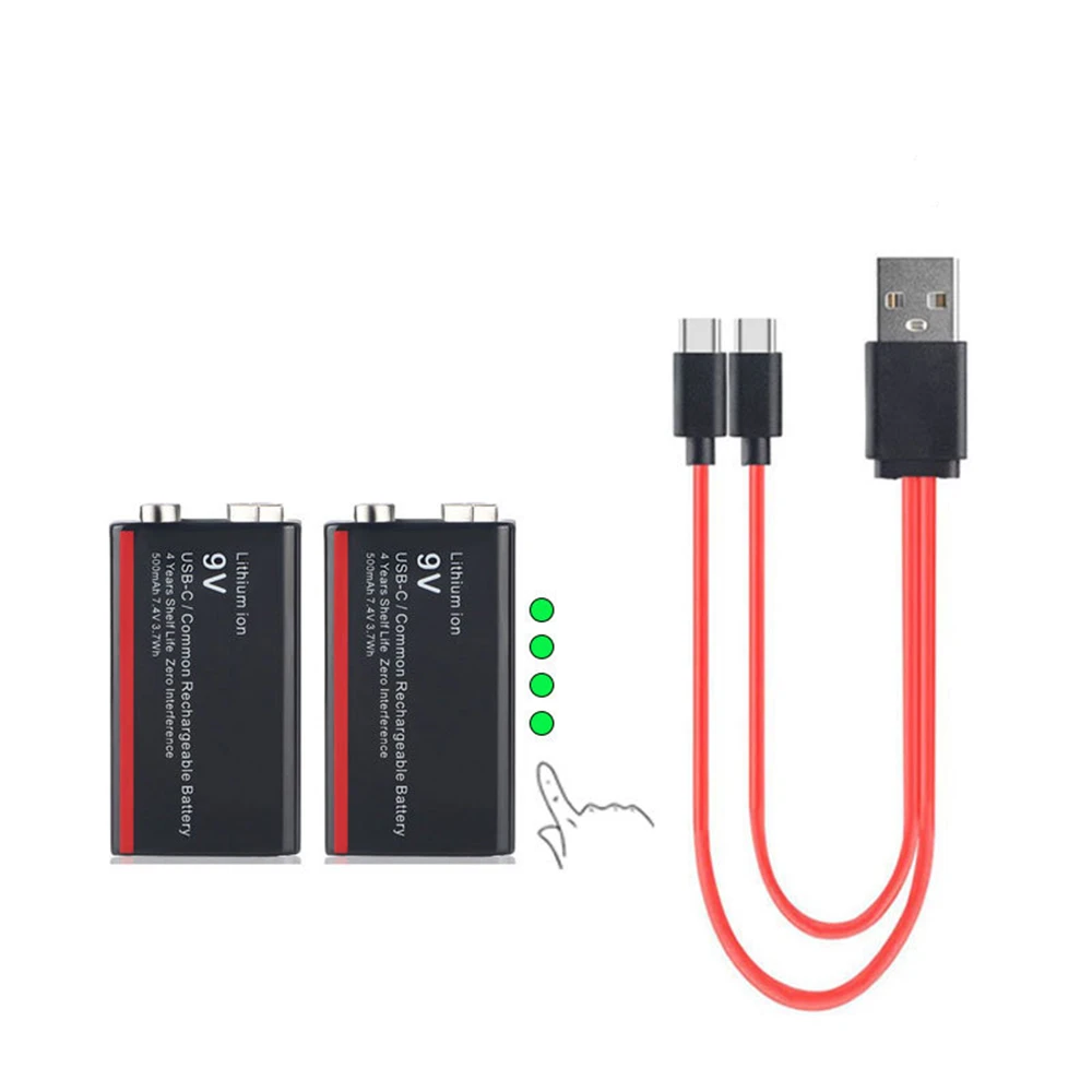 

2PCS 9V 500mAh USB lithium-ion battery 9V 6F22 lithium battery 4LED power display with TYPE-C cable fast charging