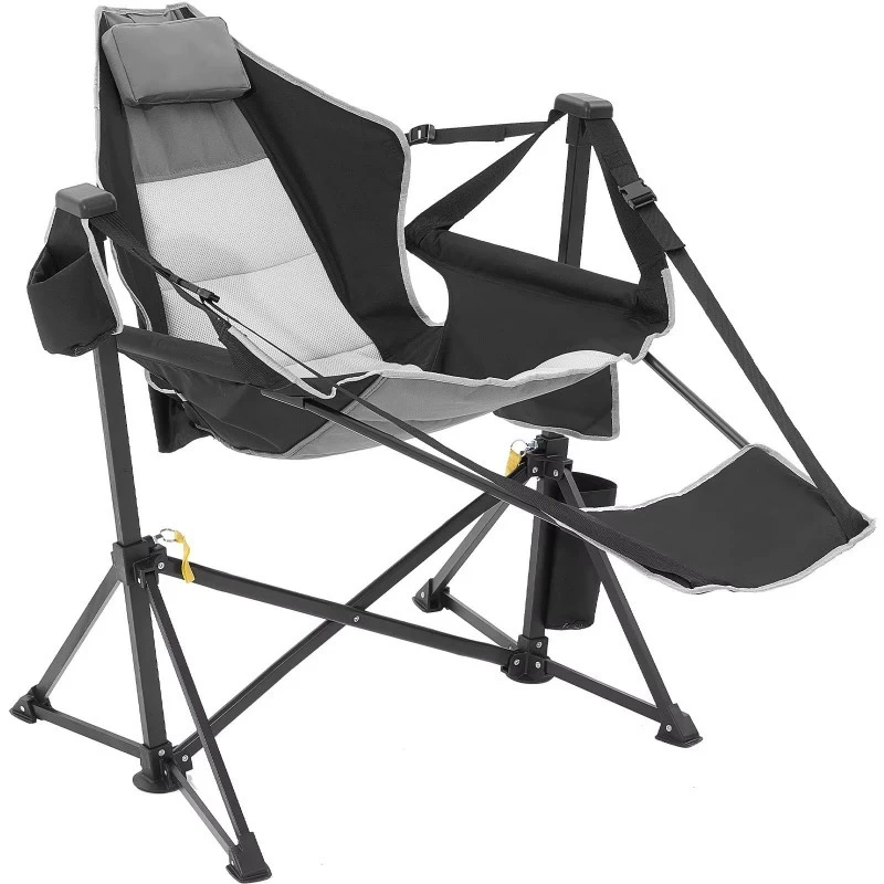 Recumbable camping chair with headrest, foldable, foot pedal, storage bag, suitable for outdoor camping