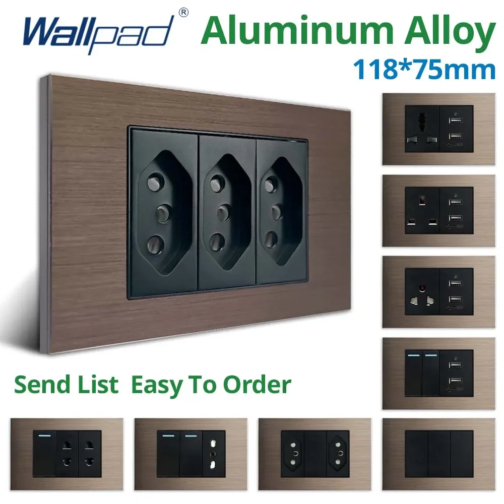 Wallpad 1, 2, 3, 4 entradas interruptor de luz de pared puerto de carga USB 5V 2100mA enchufe brasileño 118*75mm Panel de aluminio marrón 16A AC110-250V