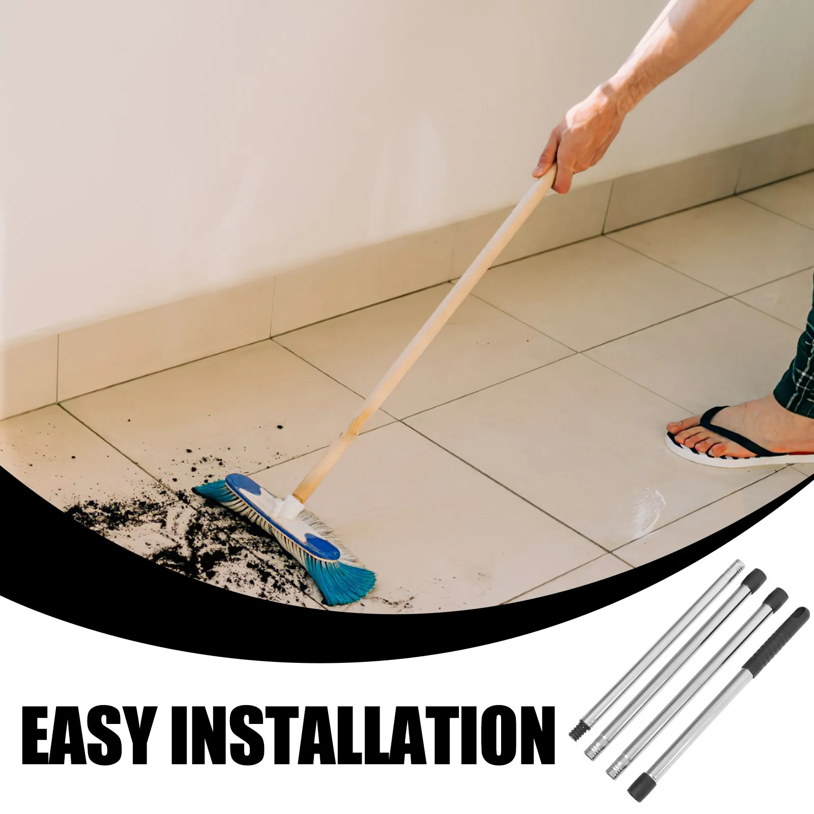 Universal 4-Section Stainless Steel Mop Pole Adjustable Rust-Resistant Replacement Mop Handle Broom Rod for Household Floor