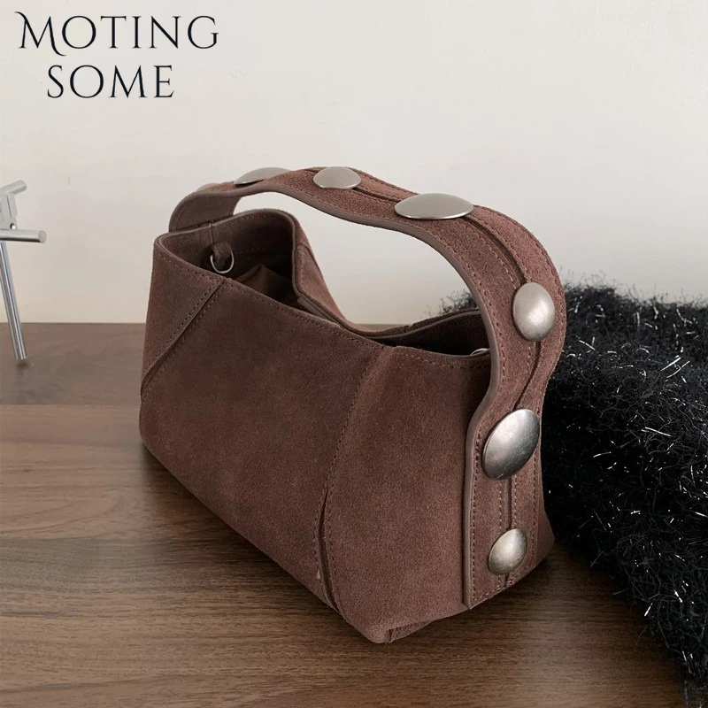 

Motingsome Fashionable Suede Bag Cute Mini Pouch Woman Shoulder Messenger Small Tote Luxury Matte Cowhide Retro Rivet Handbag