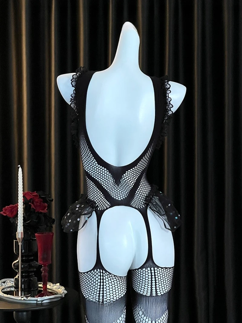 ملابس داخلية Catgirl Fishnet للنساء، فستان مثير من قطعة واحدة، زي تاريخ رومانسي، شبكة شفافة مع مجموعة جوارب #4