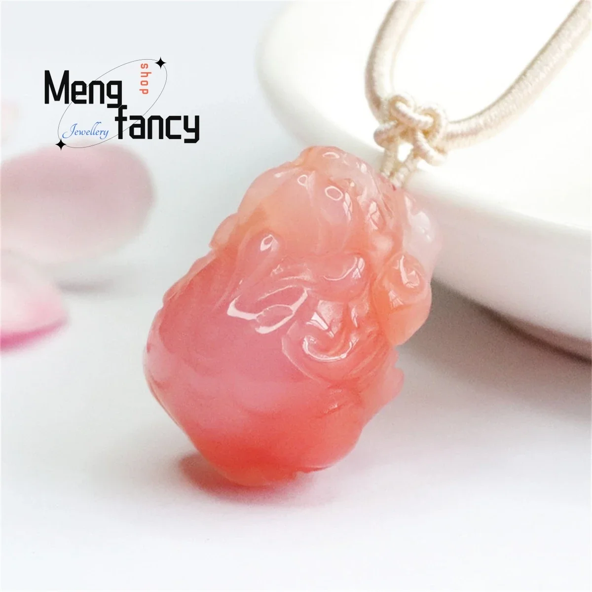 Natural Yanyuan Agate Pink Pixiu Pendant Simple Generous Fashion Versatile Vintage Ethnic Men Women Charm Luxury Jewelry Mascot