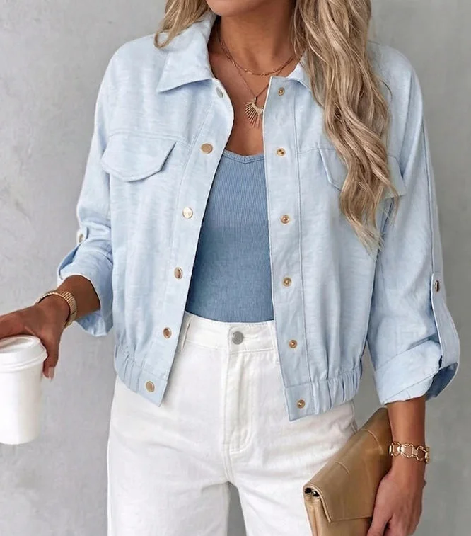 

Women's Jacket 2026 Spring Autumn New Solid Color Turn-Down Collar Roll Up Sleeve Loose Single-Breasted Crop Jacket Coat
