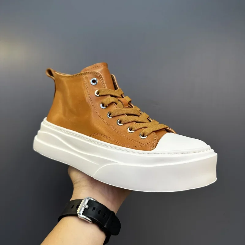 

2024 Spring and Autumn New Men's Casual Shoes Genuine Leather Thick Sole High Top Board Shoes