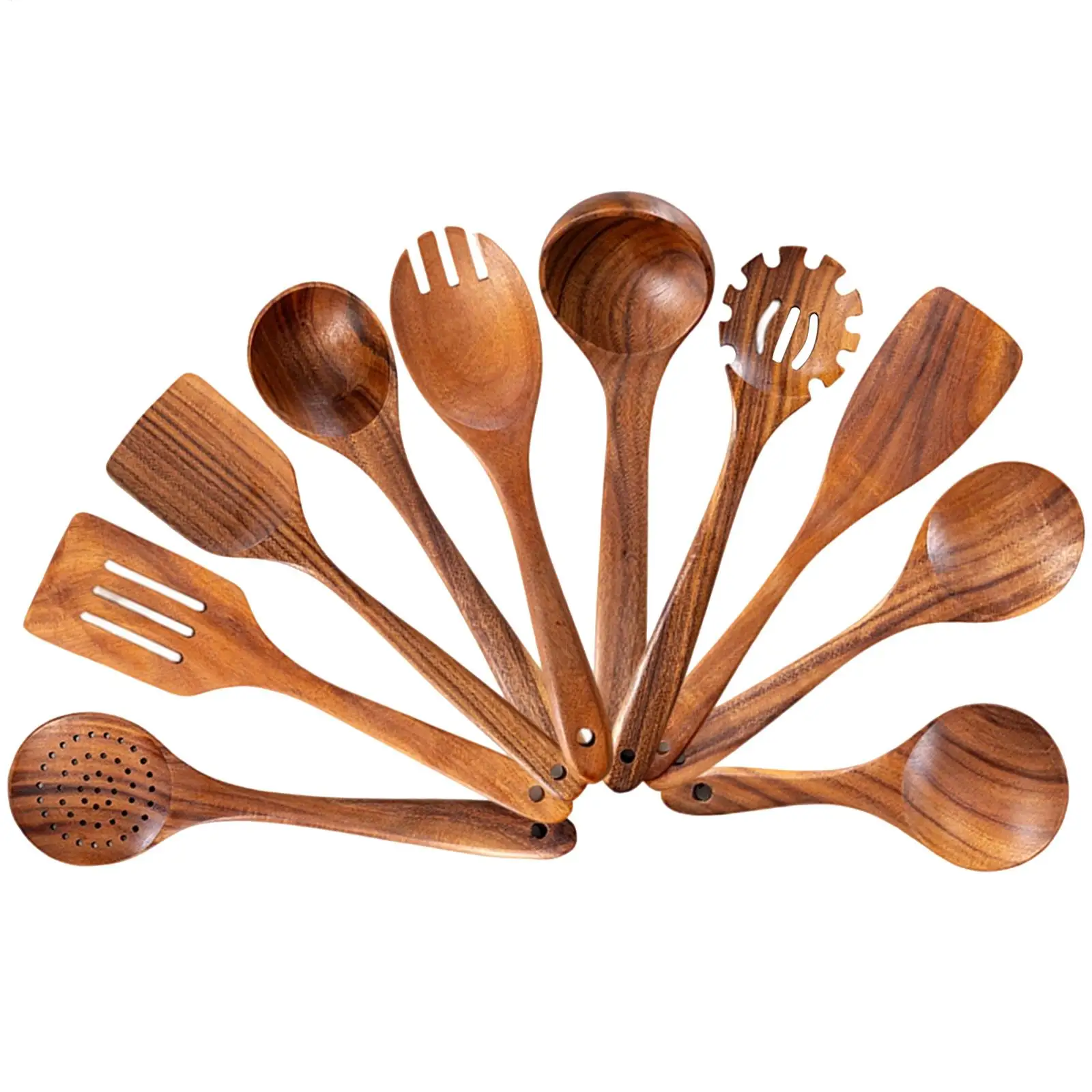 10 Pieces Acacia Wood Kitchenware Set Wooden Cooking Utensils Natural Acacia Heat Resistant Spoons For Serving Baking Cooking