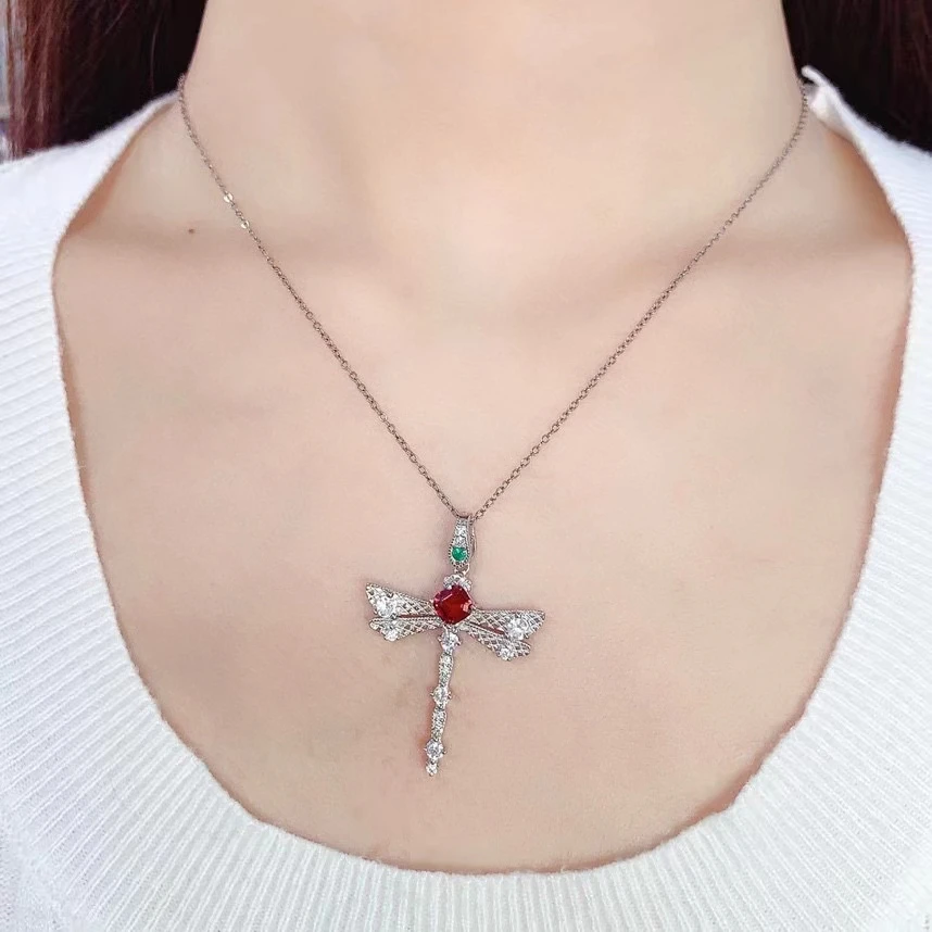 3 Layers 18K Gold Plated Cute Silver 925 Silver Dragonfly Pendant 5mm 0.6ct Natural Garnet Pendant with Silver Necklace