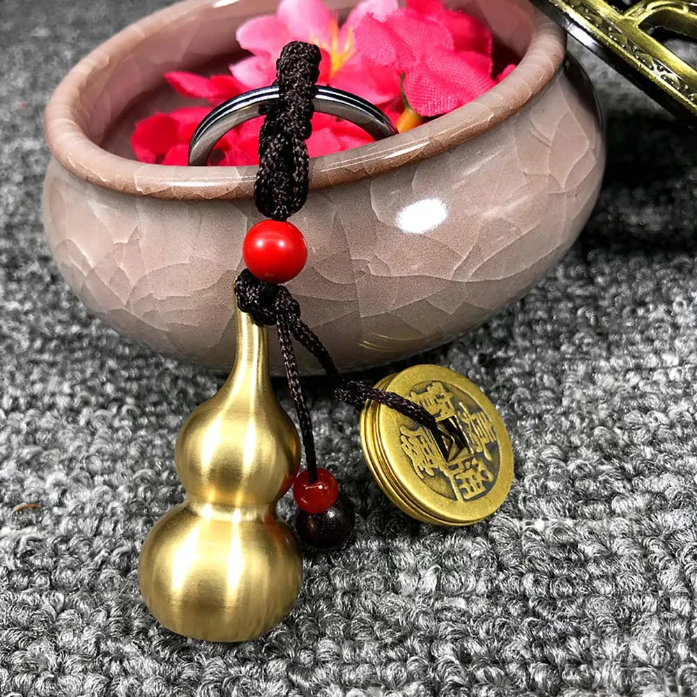 Hanging Car Accessories Feng Shui Coins Brass Calabash Blessing Paper Lucky Rope Bag Keychain Car Key Chain Key Rings Keyfob