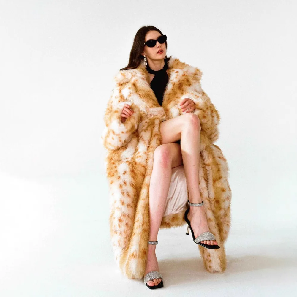 Fur Coat Women Leopard Faux Fur Cardigan Open Stitch Outerwear Turn Down Collar Long Sleeve Spliced Windbreaker 2025 Winter