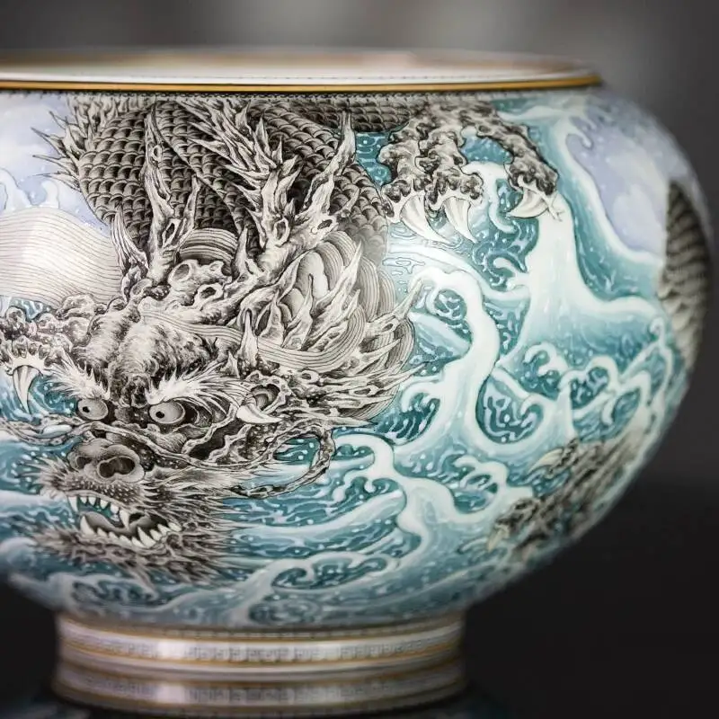 Holy Mountain Jingdezhen Classy Pastel Emerald Edge Tide Sea Dragon Pattern Wash Slag Bucket Ceremony Accessories Ceramic Set
