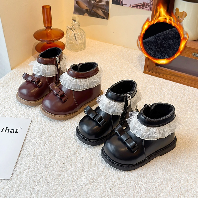 

Сапоги принцессы для маленьких девочек, хлопковые сапоги, зимние детские хлопковые туфли с кружевным бантом, модные детские кожаные полусапожки для детей 3–8 лет