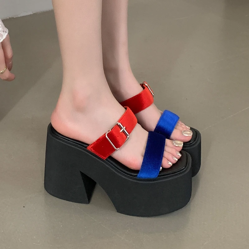 11cm Chunky Heeled Slippers 6cm Platform Block Heels Sandals Women Beach Shoes Summer Red Blue Sandals BigSize Sapatos De Mujer