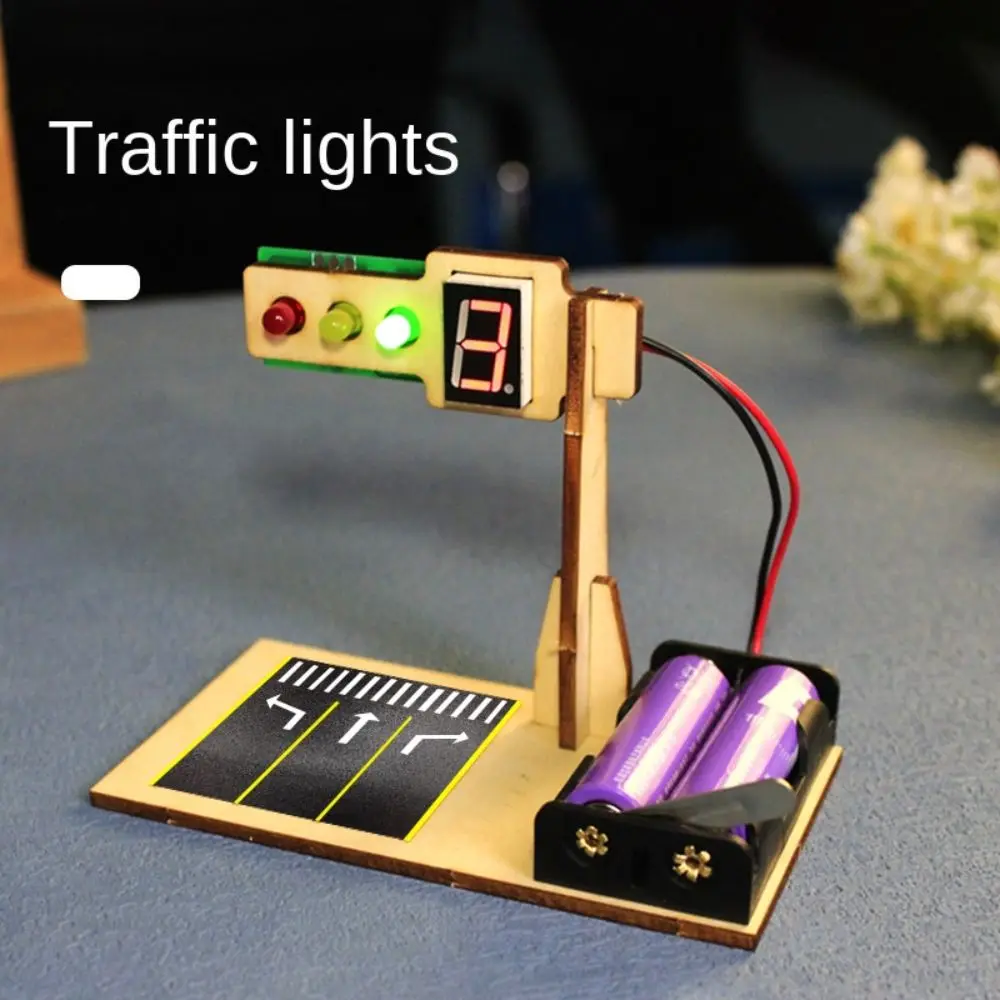 Wooden Traffic Signal Model Material Bag Handmade Craft LED Light Traffic Light Model Intelligence Design Countdown Function