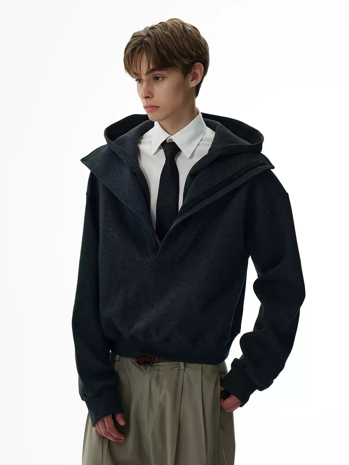 

American Style Retro Splicing Hooded Long Sleeve Sweatshirt In Autumn Unisex Simple All-Match Loose Keep Warm Pure Color