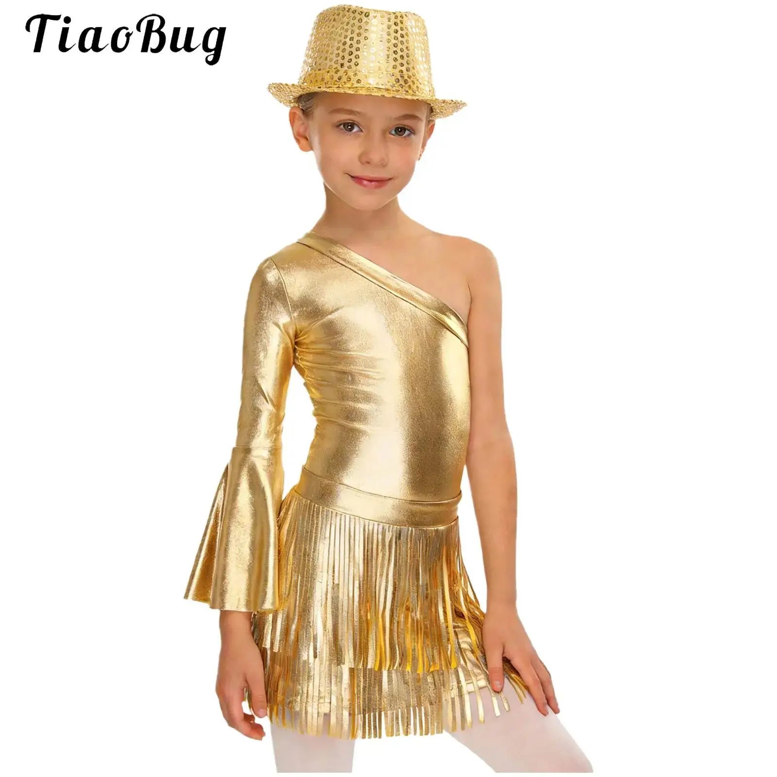 Kids Girls 70S Disco Jazz Dance Outfit Cowgirl Costume Metallic Shiny One Flare Sleeve Jumpsuit Bodysuit with Fringed Skirt Hat