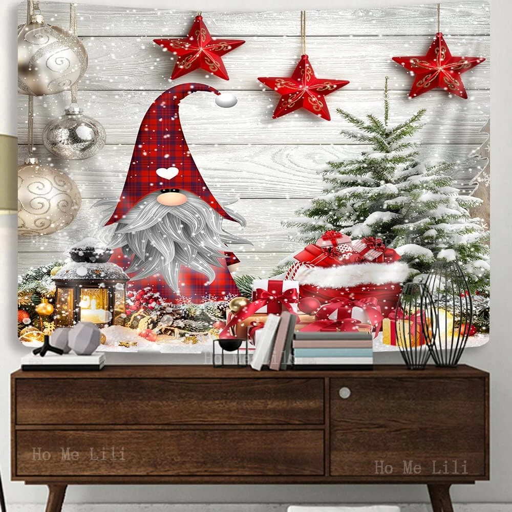 Santa Claus Starry Sky Sleigh Gnome Christmas Tree With Gift Box Ball On Rustic Wooden Reindeer Snow Mountains Tapestry