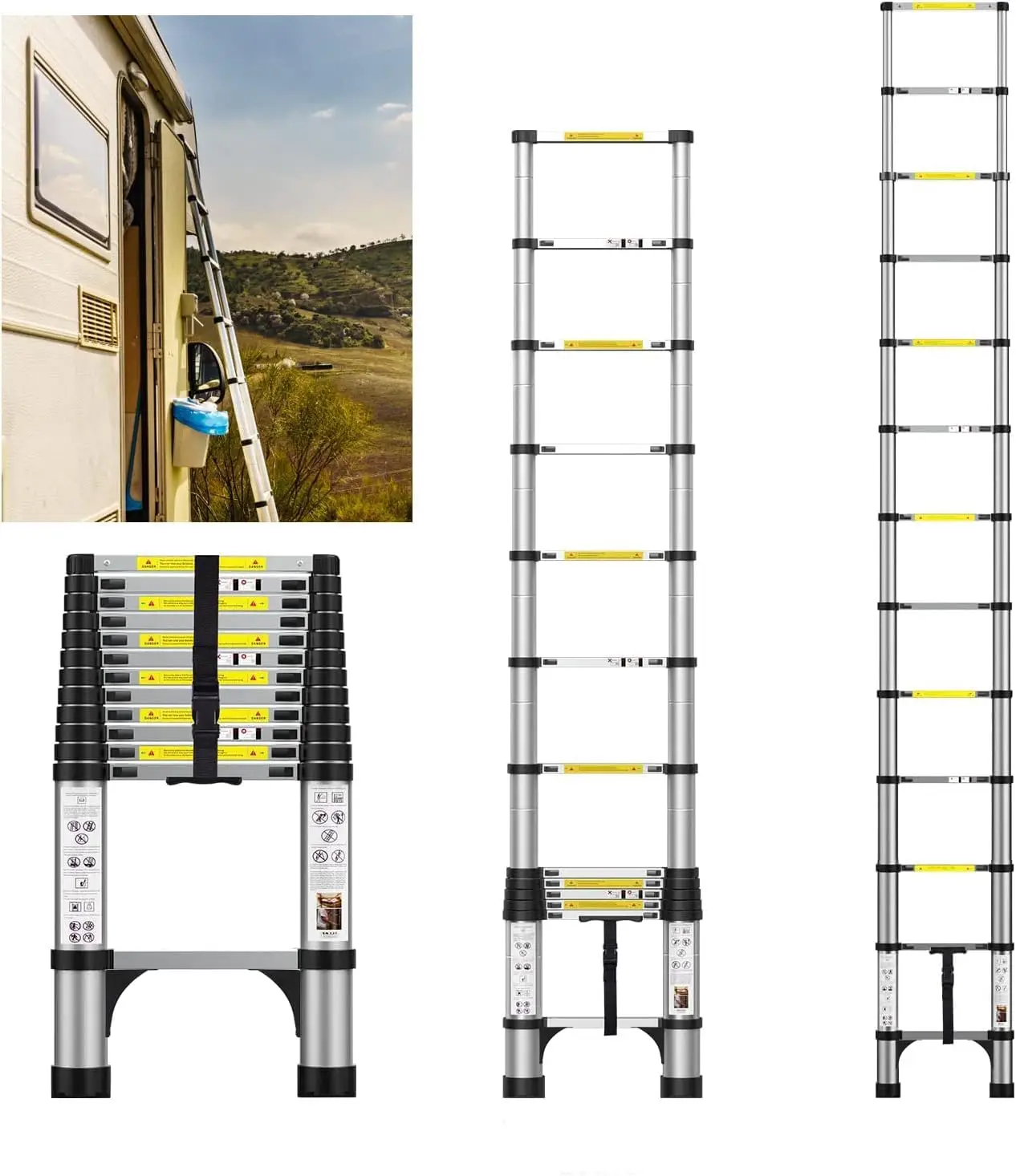 12.5FT Telescoping Ladder, Aluminum Extension Ladder w/Stabilizers, 330lbs Capacity Retractable Ladder, Expandable Telescopic La