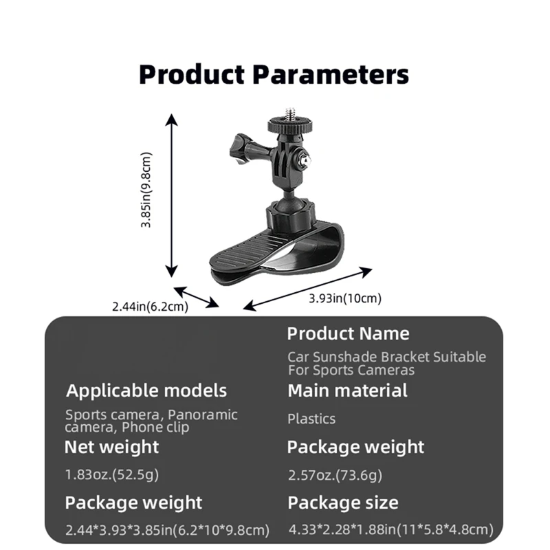 1 PCS Action Camera Car Sun Visor Mount Action Camera Accessories Black Plastic For ACTION 4 Insta360 X3 With 1/4 Inch Adapter