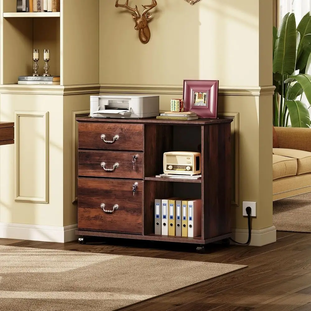 3 Der ile Cabinet with Charging Station & Lock, Vintage Wood iling Cabior Home Oice, Mobile Printer Stand or Oice Storage, Brown
