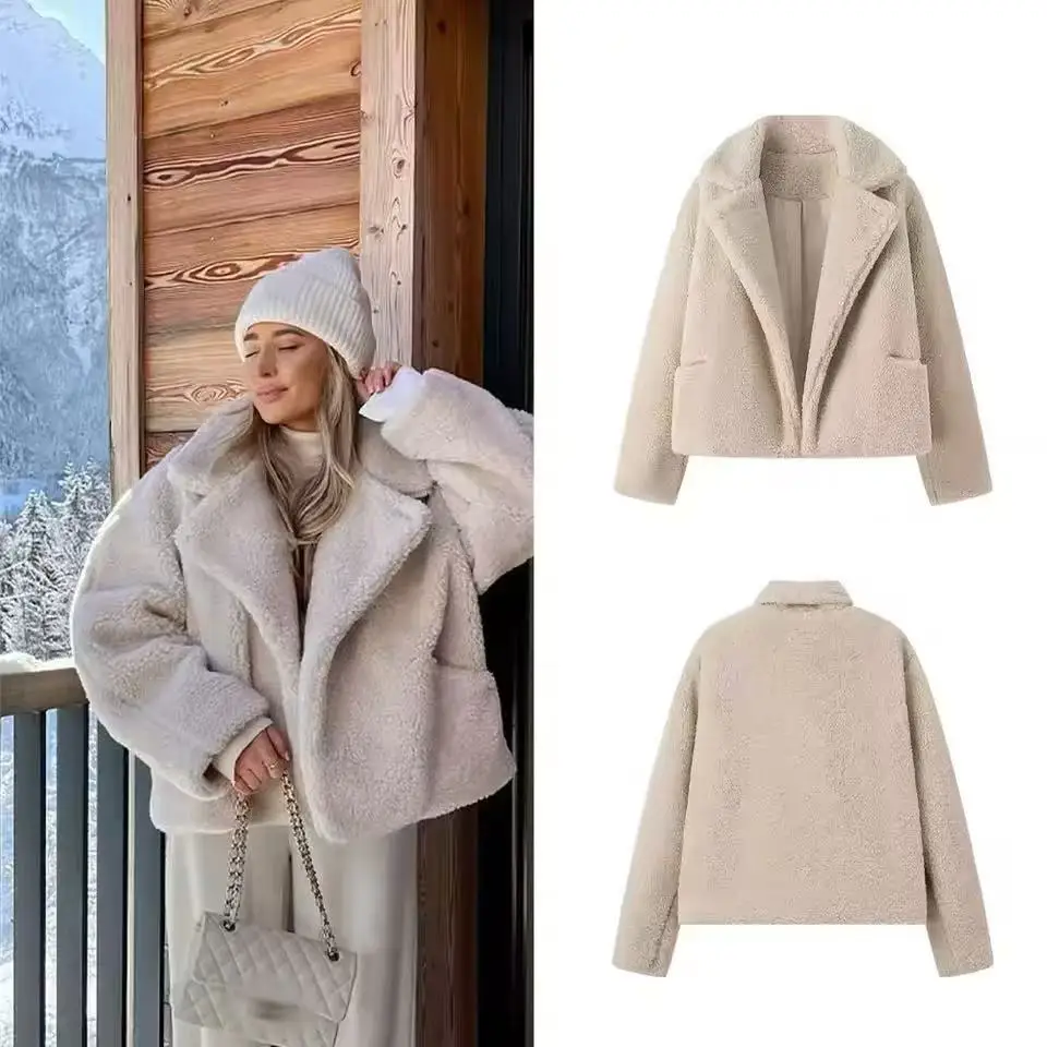 Autumn New Women's Long Sleeve Cardigan Style Coat Wheat Straw Furry 2025 Style Design Sense Commute Straight Tube Polyester ...