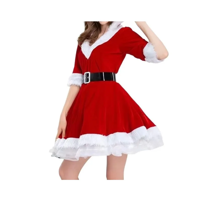 Red Santa Dress Women Short Tutu A Line Above Knee Dress Adult Sweet Christmas Outfit Hat Gloves Xmas Party Clubwear