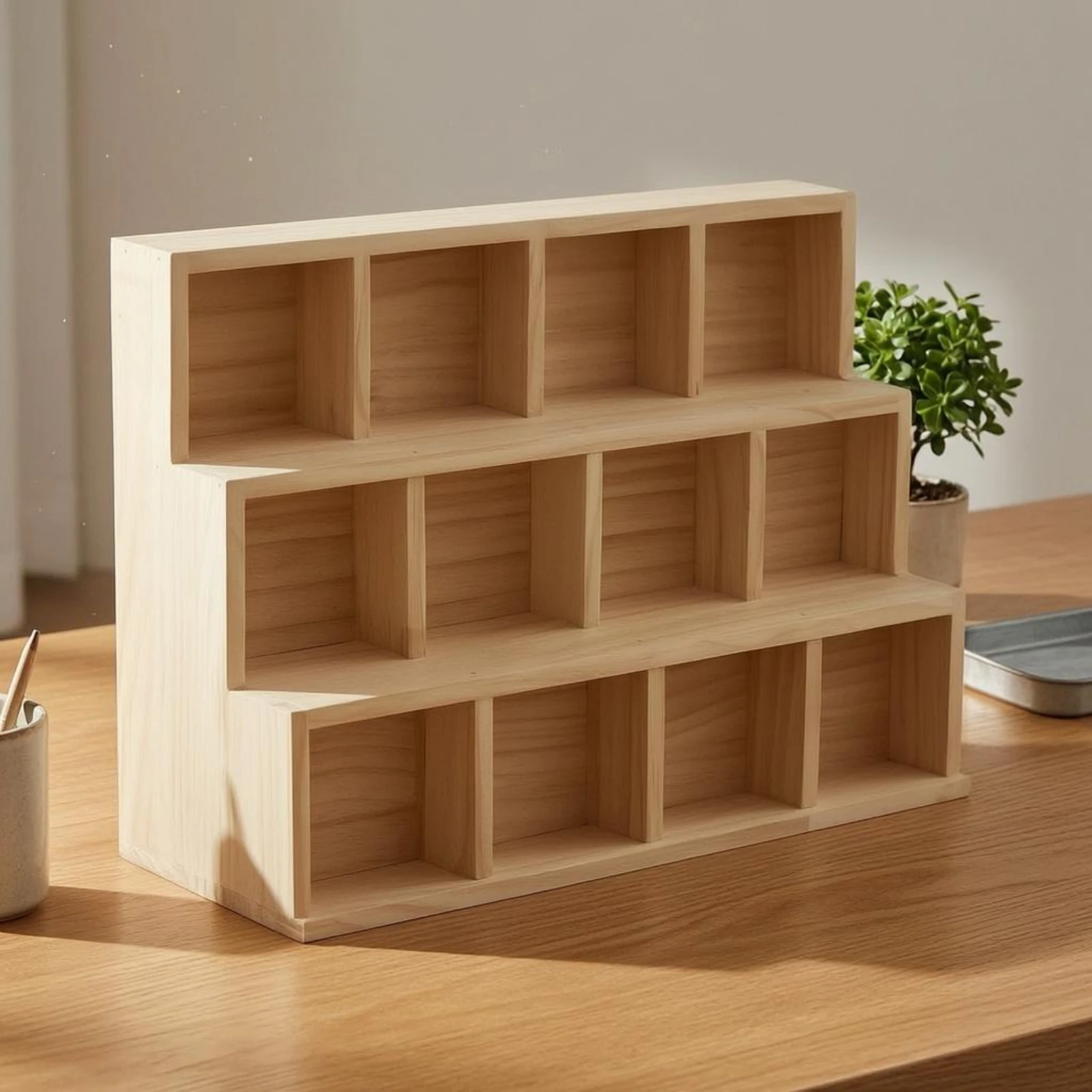 Trapezoidal Desk Cubby Natural Wood Finish 12-Compartment Organizer 3-Row Desk Organizer Stepped Design Wooden Cubby Shelf