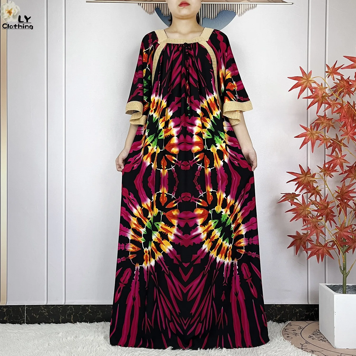 New Muslim Dress Woman Short Sleeve Dashiki African Abaya Tie-dyed Printing Cotton Loose Femme Robe Islamic Dresses With Scarf