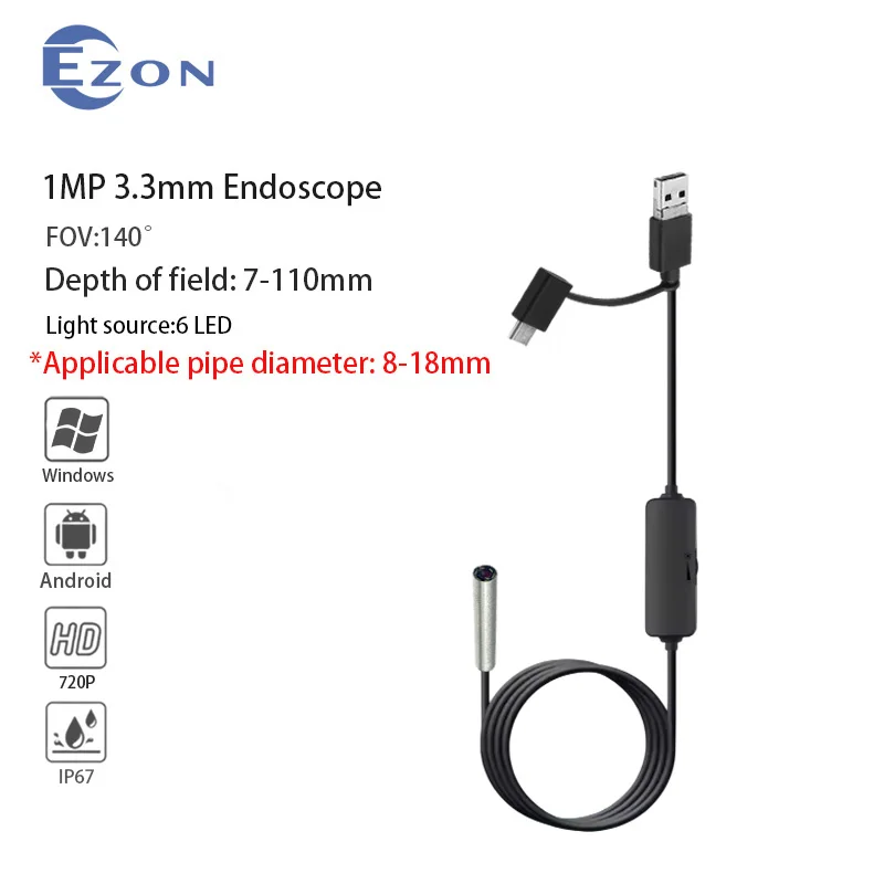 3.3mm 140° wide-angle HD industrial endoscope, for inspecting the inner walls of industrial pipelines, 3-in-1 endoscope camera.