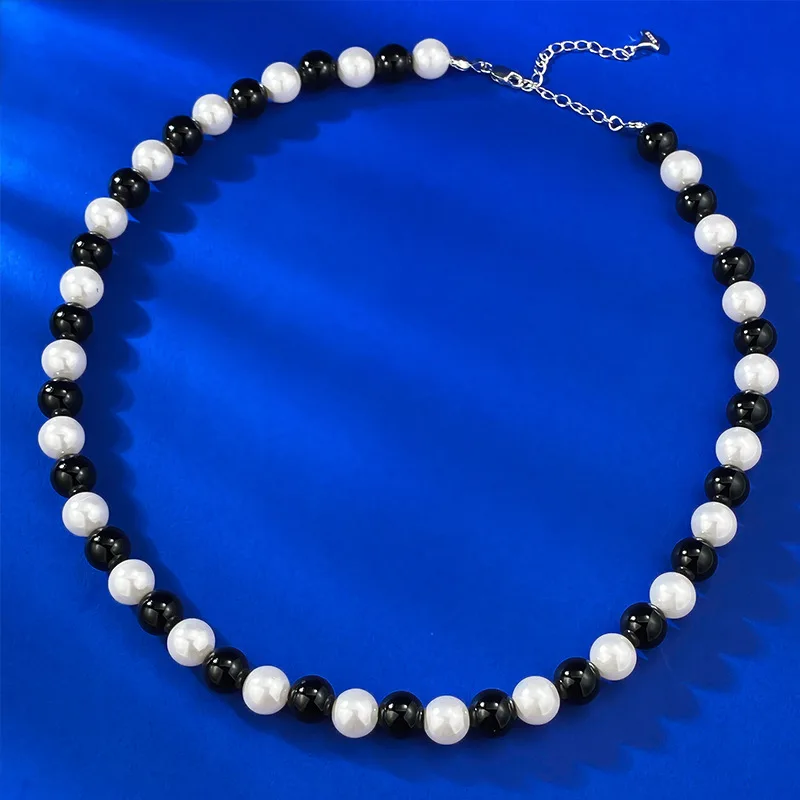 S925 Silver Necklace Light Round Large 8mm Pearl Black Agate Personalized Fashion Versatile Necklace Boutique Jewelry for Women