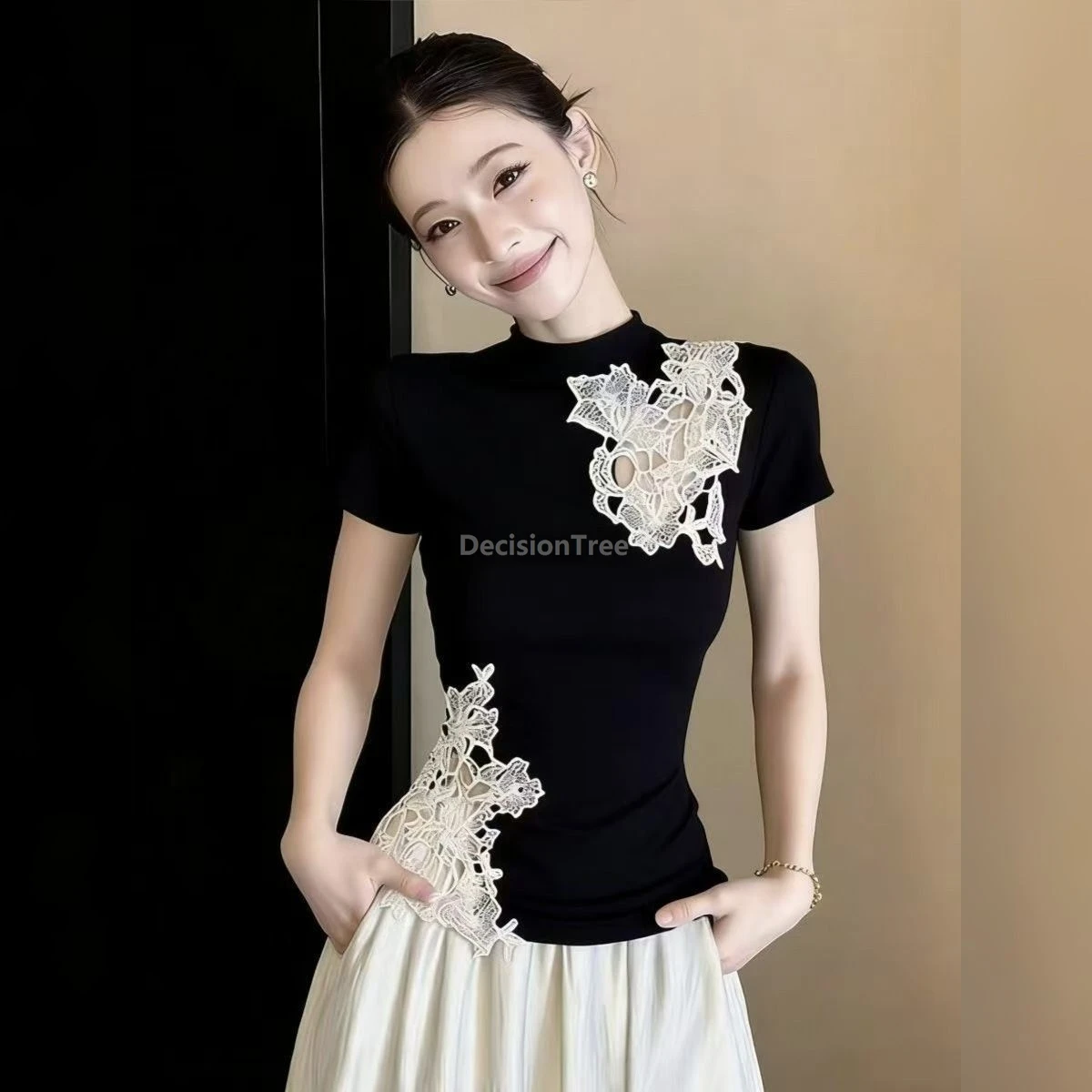 New Chinese-style Pure Cotton Lace Patchwork Short Sleeve T-shirt Top Women Summer Slim Fit Shirt Office Lady Daily Elegant Top