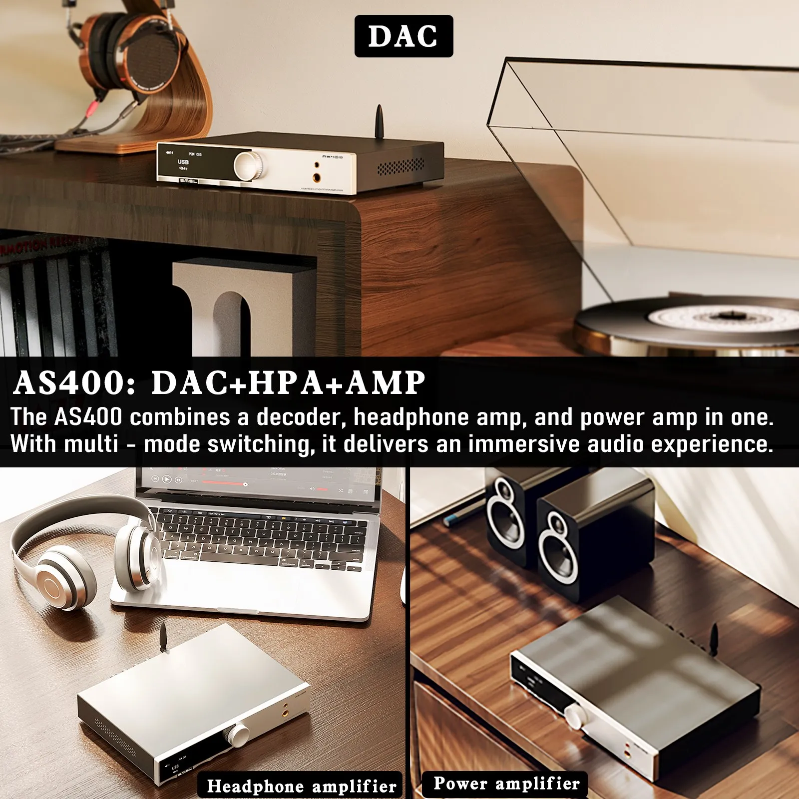 SMSL AS400 Hi-Res DAC Power Amplifier Headphone AMP Support Bluetooth USB Optical Coaxial MM Vinyl Phono Amplifier Audio Decoder