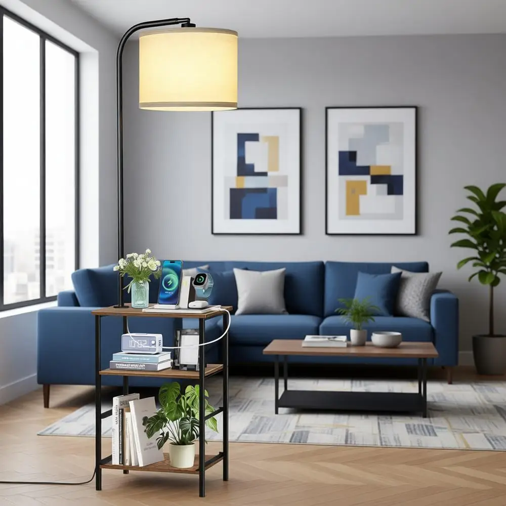 

Торшер со столиком, 2 ящиками и пультом ДУ, прикроватный столик с зарядной станцией, прикроватная тумбочка с регулируемой яркостью и 3 цветовыми температурами, 1 шт.