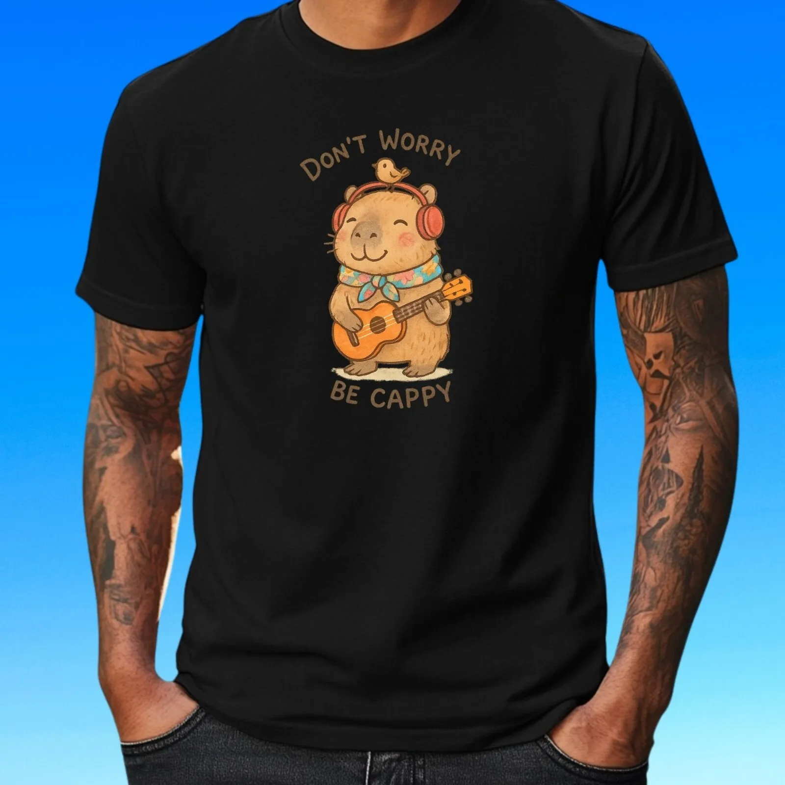 Herren-T-Shirt aus Baumwolle mit Capybara-Ukulele-Aufdruck, Größe XS bis 5XL