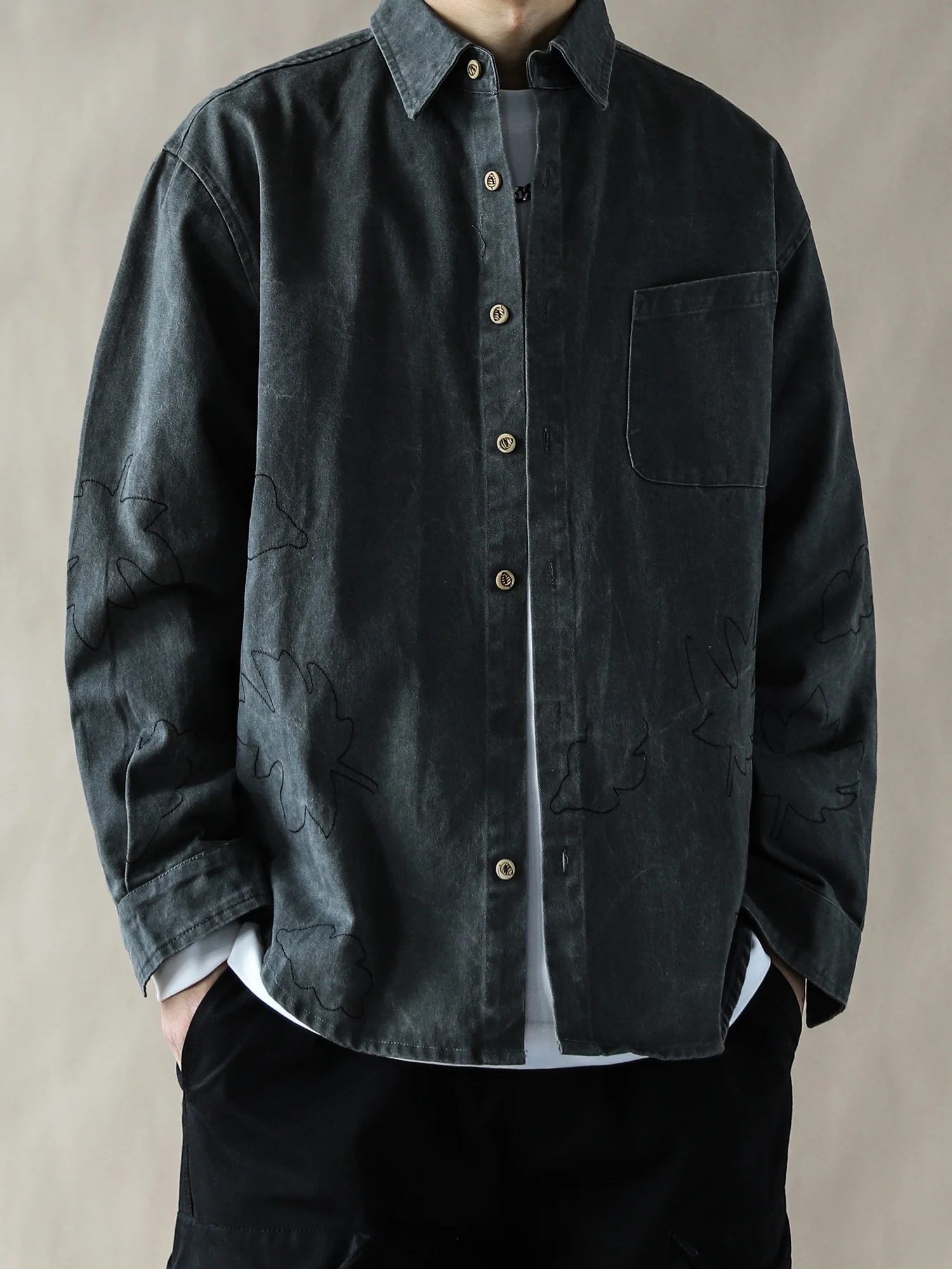 

American Retro Workwear Sle Long Sve Embroidered Casual Loose Fit Collared irt Men's Spring Autumn Deep ey Jaet