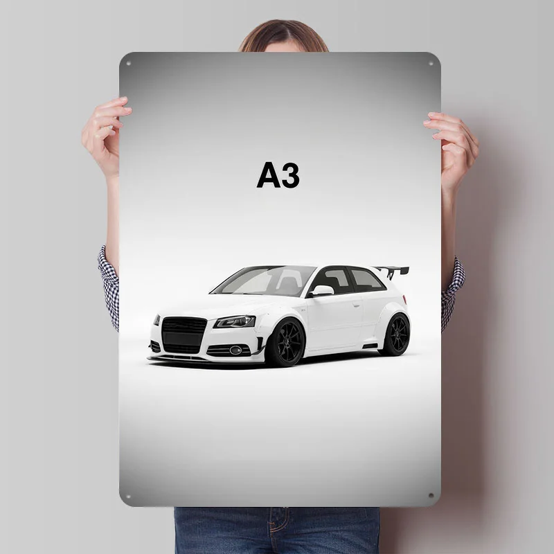 White Sports A3 Car Metal Poster Custom Wall Art Retro Vintage Tinplate Signs for Man Cave Mancave Decoration Room House Decor