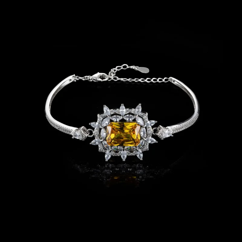 European and American Style Bracelet with Rectangular Inlaid Gemstone, Paraiba Emerald Women's Bracelet