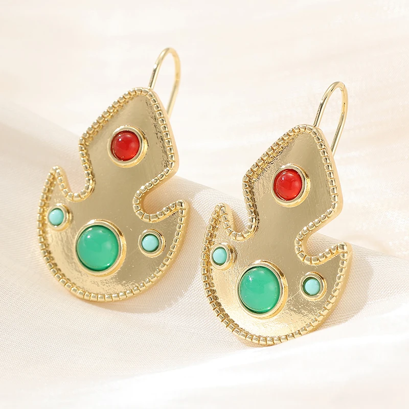 Vintage Court Style Inlaid Multicolor Beads Golden Plated Hook Earrings for Women Fashion Classic Banquet Festival Jewelry Gifts
