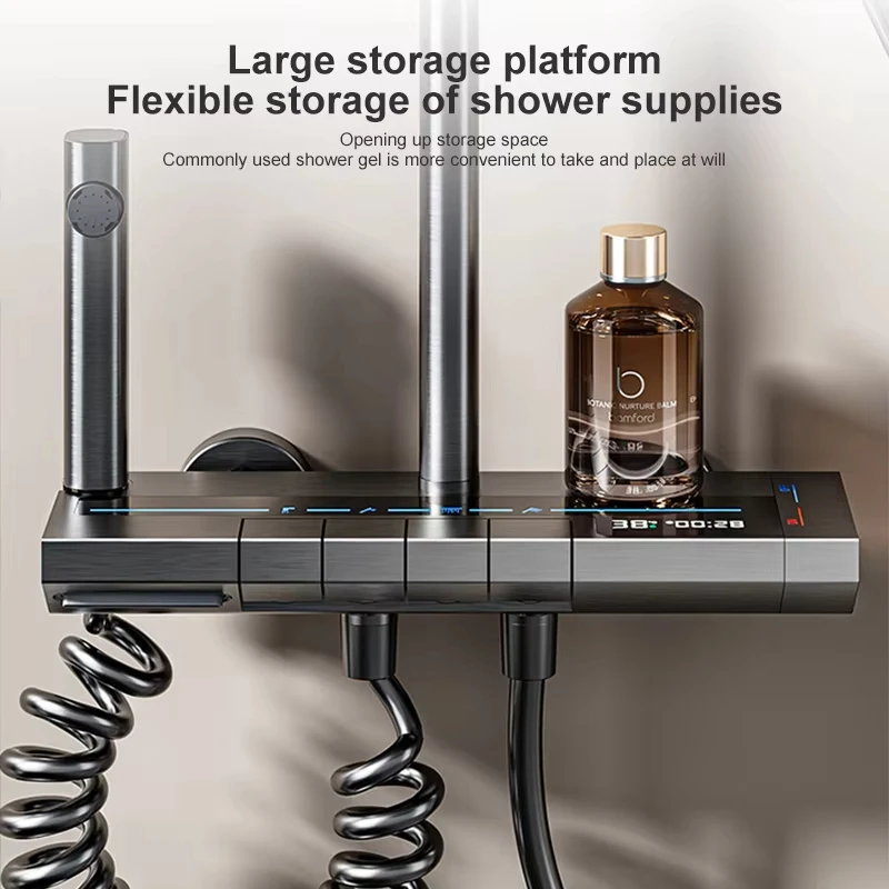 Set doccia con display digitale grigio, pulsante pianoforte caldo e freddo con luce atmosferica, soffione doccia con rubinetto da bagno