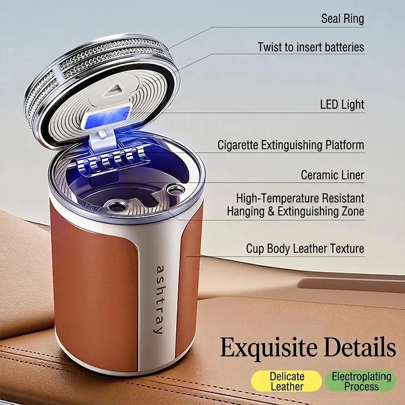 Car Ashtray with Leather Surface and Ceramic Inner Liner, Luxury Sealed Design to Prevent Odor and Ash Dispersion view 4