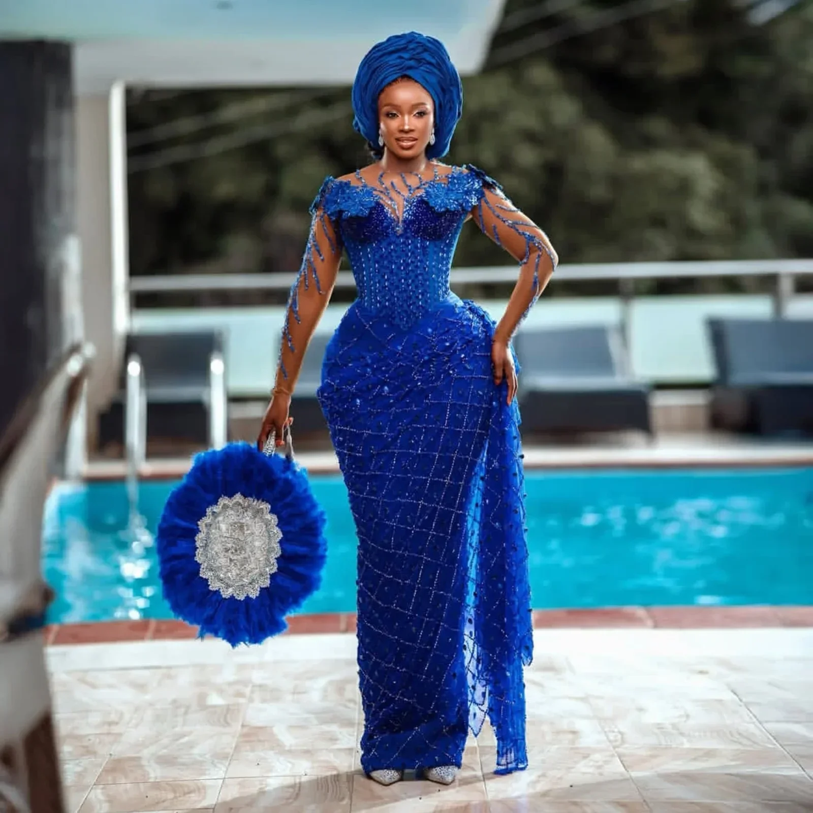 Royal Blue Sparkling Bead Embroidery Evening Dress Elegant Mermaid Ball Dress Nigeria Long Sleeve Evening Dress Custom