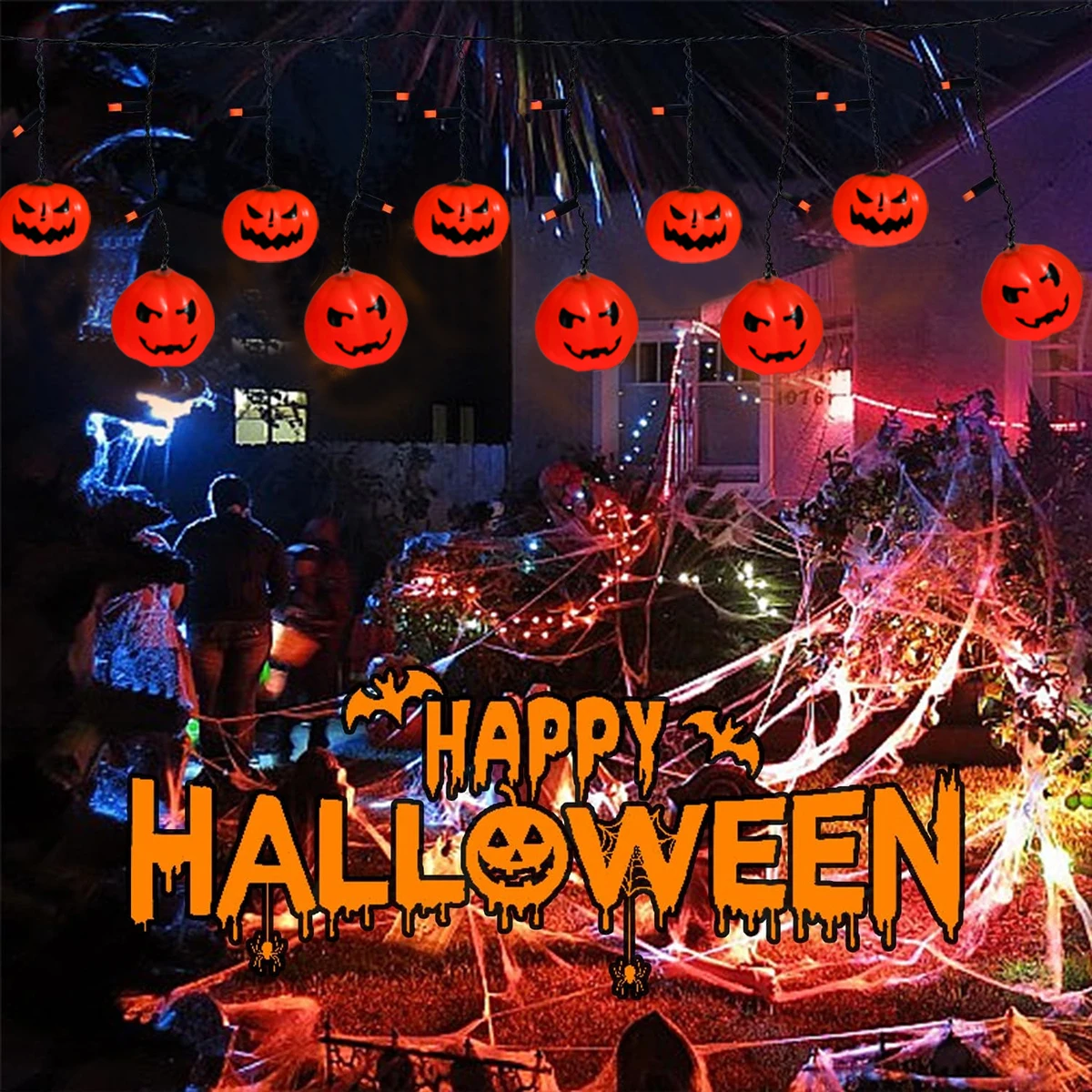 1pc LED Halloween Indoor Curtain String Lights With 10 Pumpkin and 25 Orange Mini Bulbs Ice Strip Light For Home Window Decor